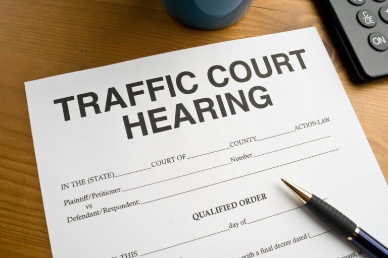A traffic court hearing document sits on a table